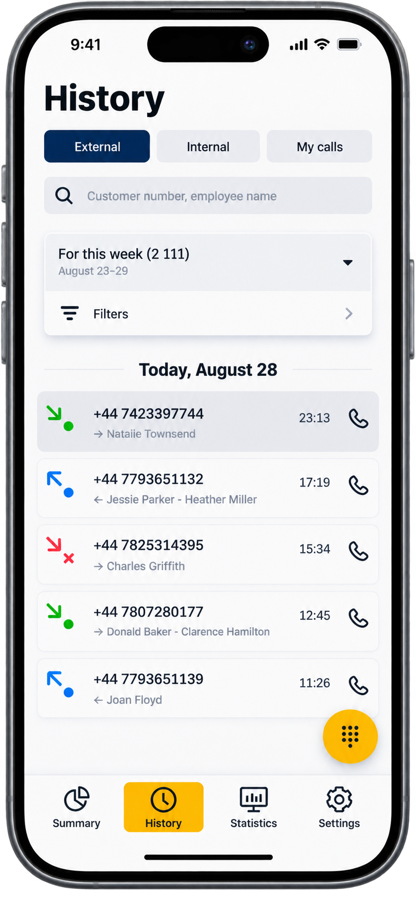 Mobile app call history list