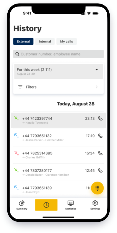 Mobile app call history list